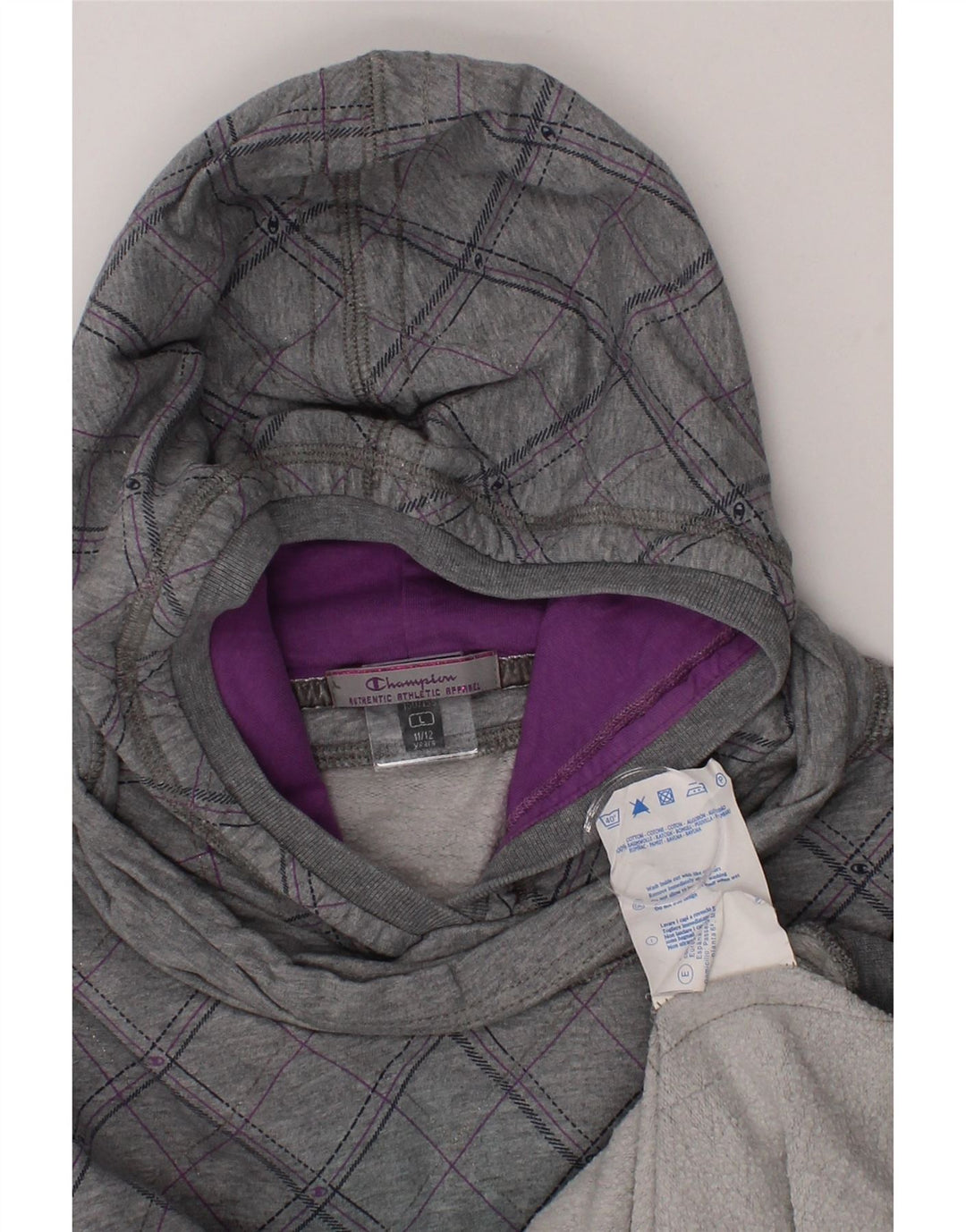 CHAMPION Girls Hoodie Jumper 11-12 Years Large  Grey Check Cotton Vintage Champion and Second-Hand Champion from Messina Hembry 