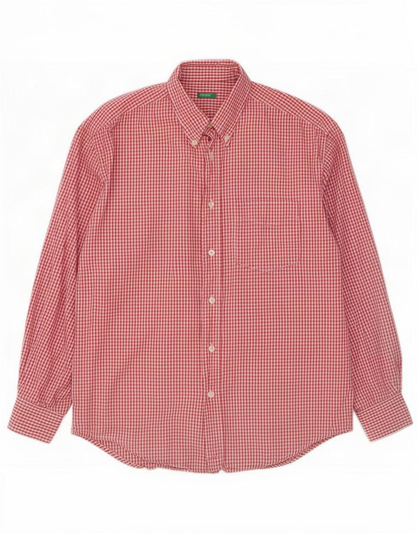 Camisa masculina Benetton de algodão guingão vermelho médio