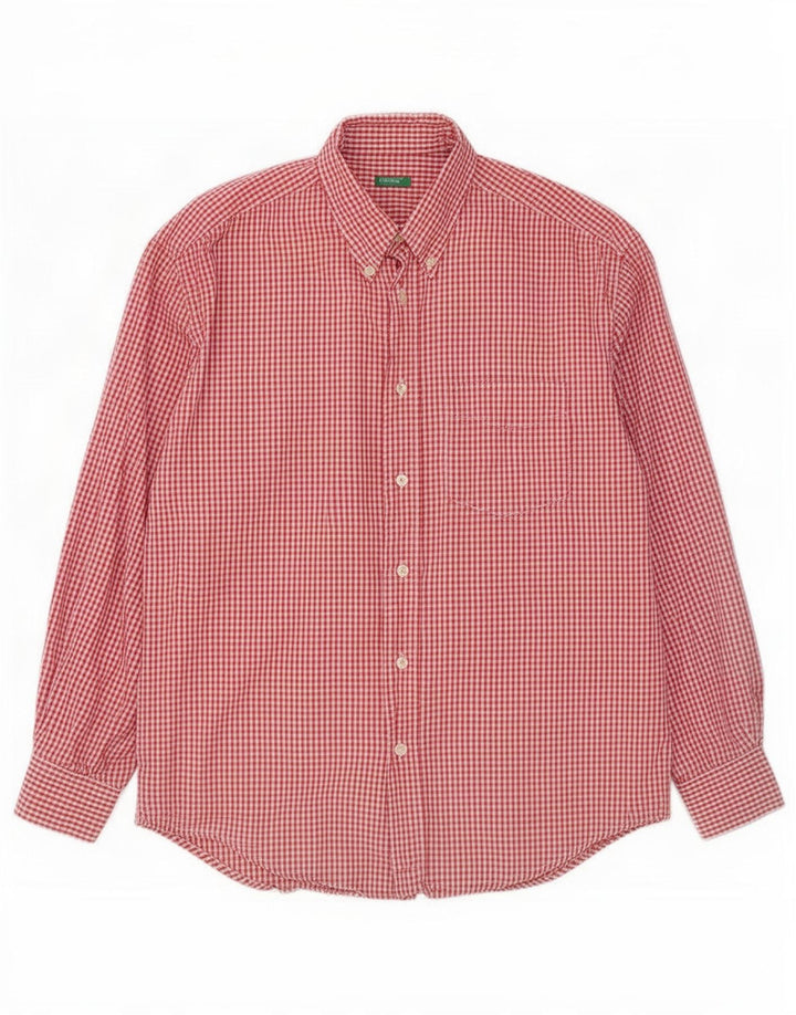 Camisa masculina Benetton de algodão guingão vermelho médio