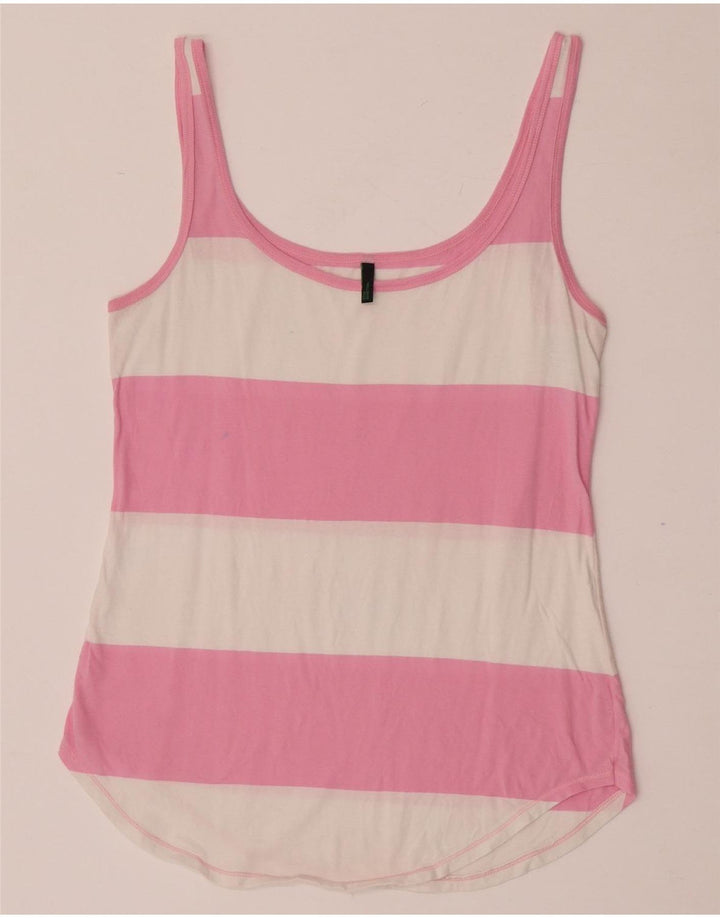 Colete feminino Benetton UK 12 algodão listrado rosa médio