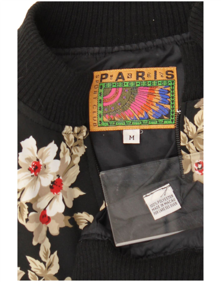Jaqueta bomber feminina vintage de ajuste solto Reino Unido 14 poliéster floral preto médio