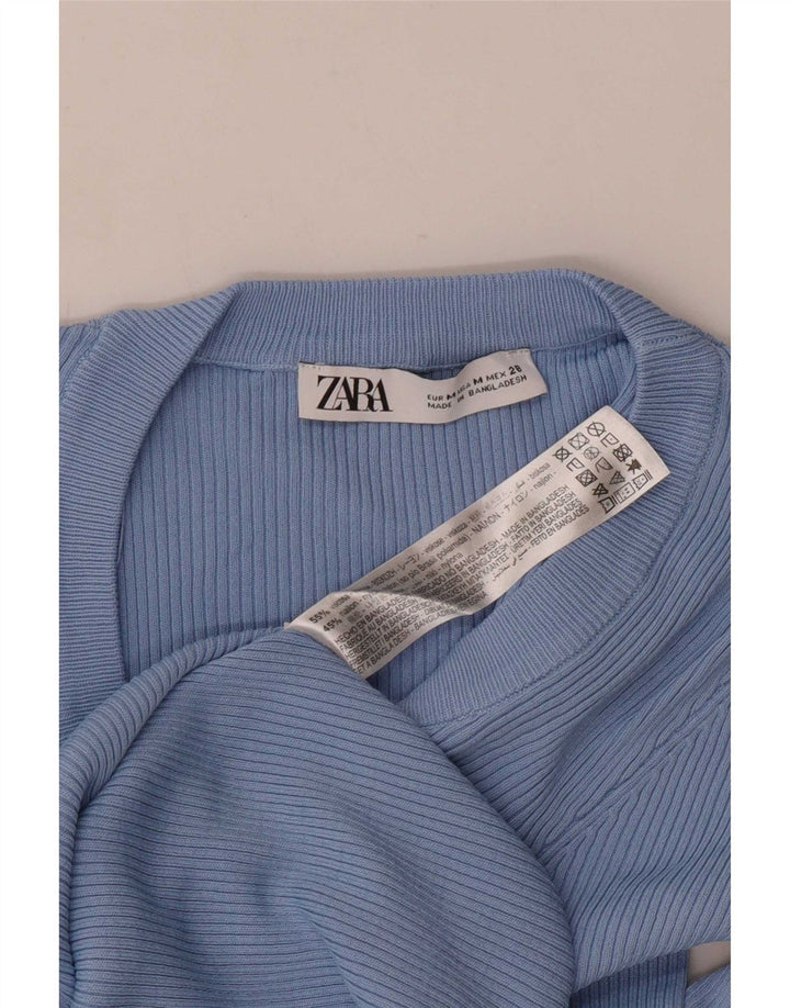Top feminino Zara manga comprida UK 12 viscose azul médio