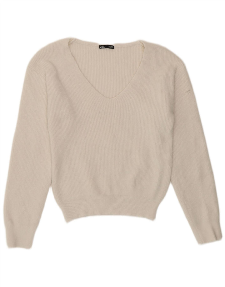Suéter feminino Zara com decote em V UK 10 pequeno poliéster branco