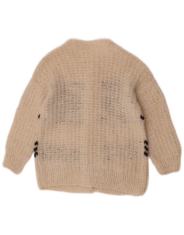 Suéter cardigã feminino vintage UK 14 grande geométrico branco