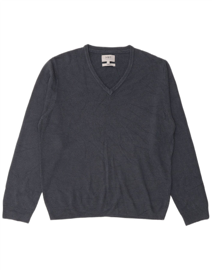 Suéter masculino Marks & Spencer com decote em V grande acrílico azul marinho