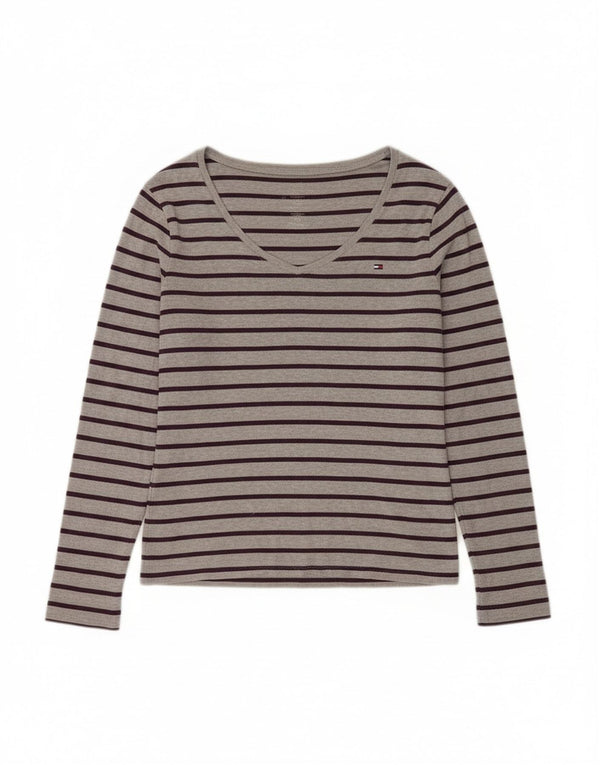 Top feminino Tommy Hilfiger manga comprida UK 14 grande algodão listrado cinza