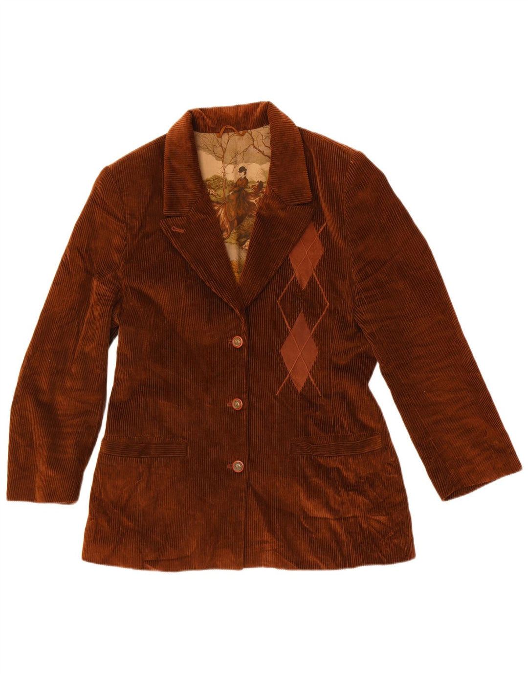 Jaqueta blazer feminina vintage com 3 botões Reino Unido 14 marrom médio argyle/diamante