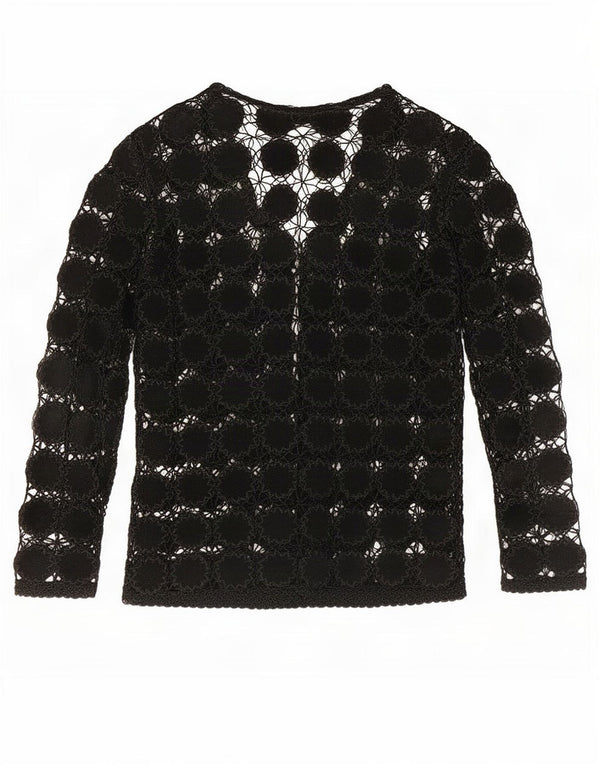 Cardigan de crochê transparente feminino vintage UK 14 médio preto