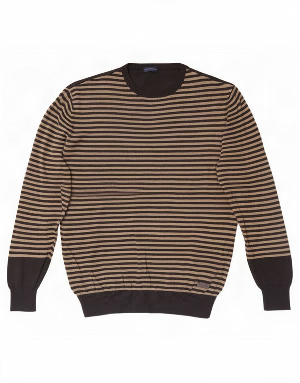 Trussardi Jeans Suéter masculino com gola redonda 2XL algodão listrado bege