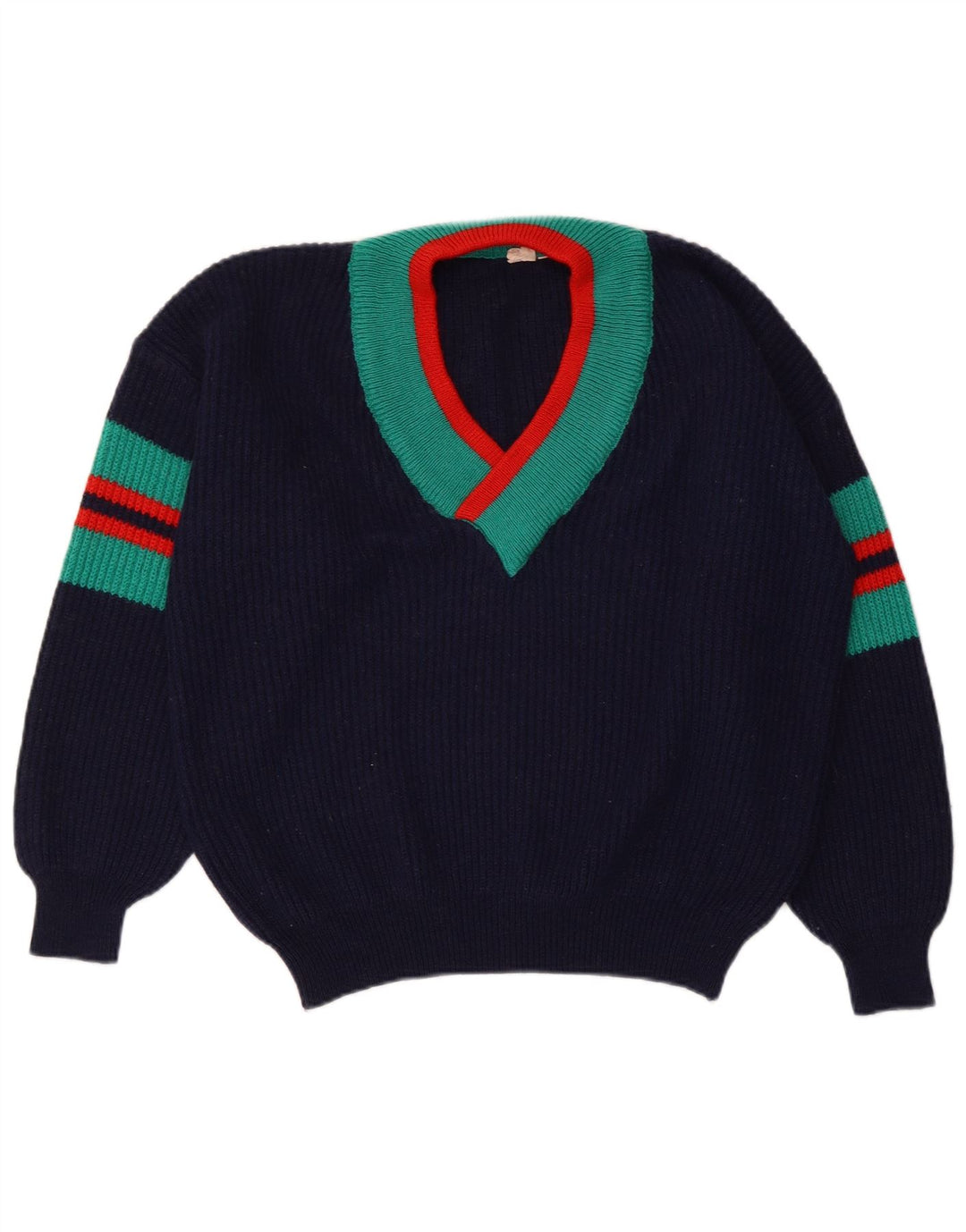 Suéter feminino VINTAGE com decote em V IT 48/50 XL listrado azul marinho