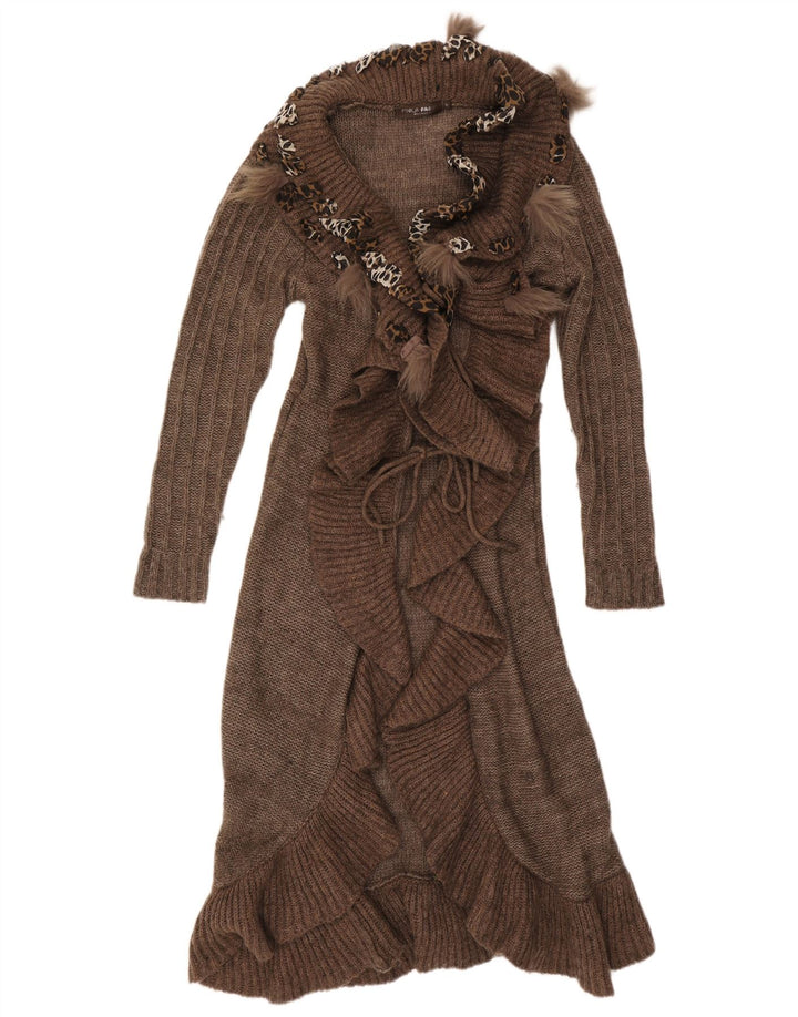 Forla Suéter feminino Paris com babados na frente e cardigan Reino Unido 10 pequeno marrom