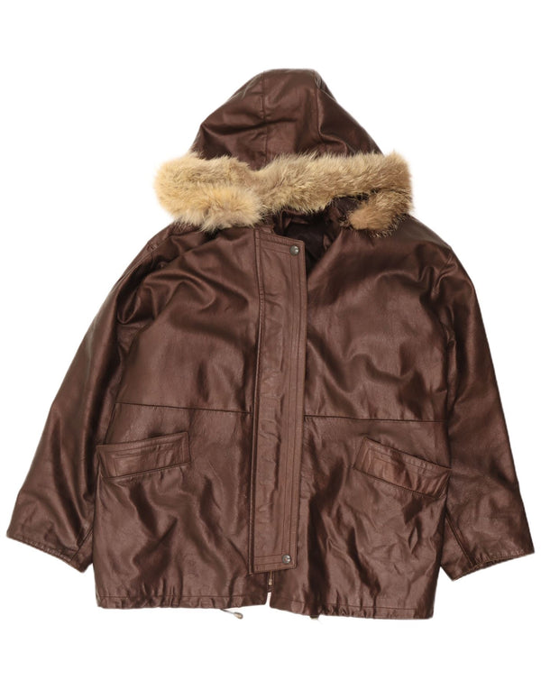 Jaqueta de couro superdimensionada com capuz feminino vintage IT 48 XL marrom