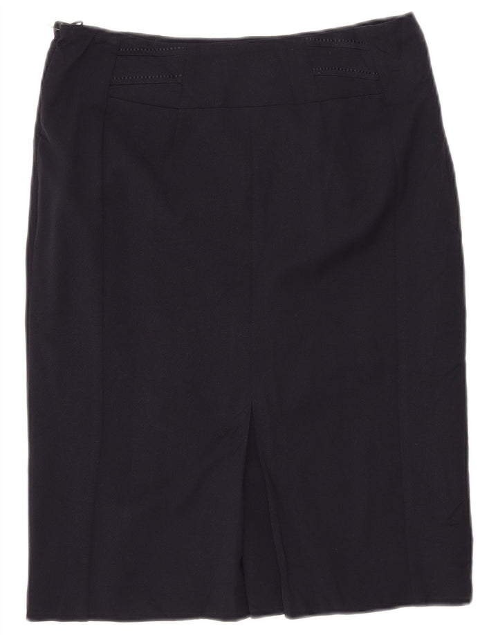 Saia reta feminina MARKS & SPENCER Reino Unido 10 pequena W30 azul marinho poliéster