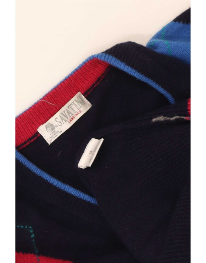 Suéter vintage masculino com decote em V médio azul marinho Argyle/Diamante