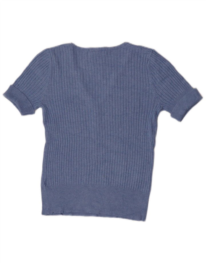Suéter feminino Marks & Spencer manga curta com decote em V Reino Unido 12 azul médio