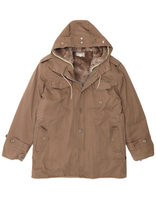 Jaqueta vintage masculina militar com capuz Sherpa Parka Reino Unido 40 grande marrom