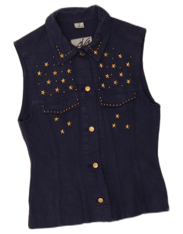 Colete jeans feminino Avant Garde UK 10 pequeno algodão azul marinho