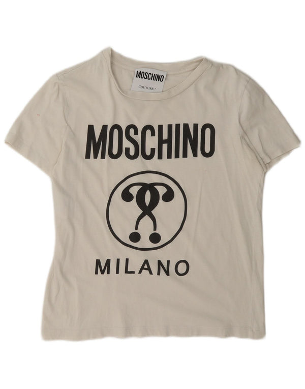 Camiseta feminina Moschino Milano com estampa gráfica Reino Unido 14 algodão branco médio