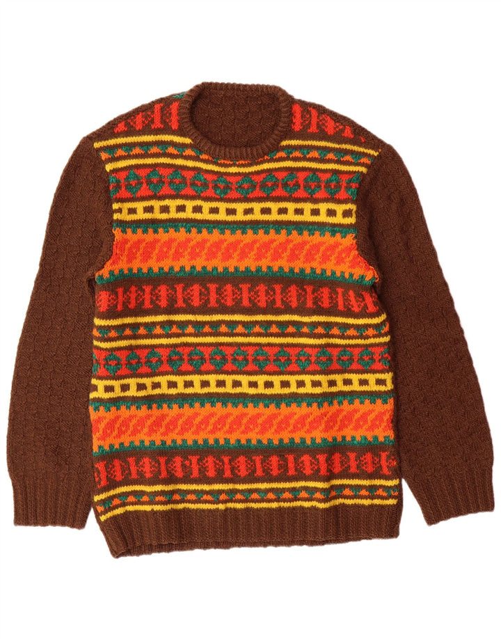 Suéter masculino VINTAGE com gola redonda, marrom médio, Fair Isle