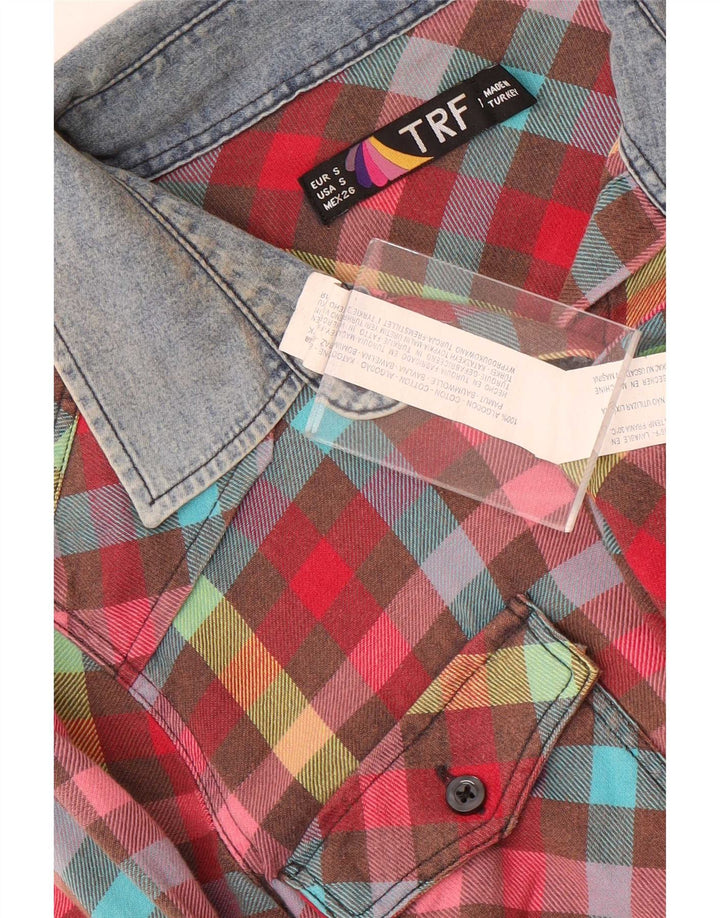 Camisa de flanela feminina vintage Reino Unido 10 algodão xadrez pequeno multicolorido