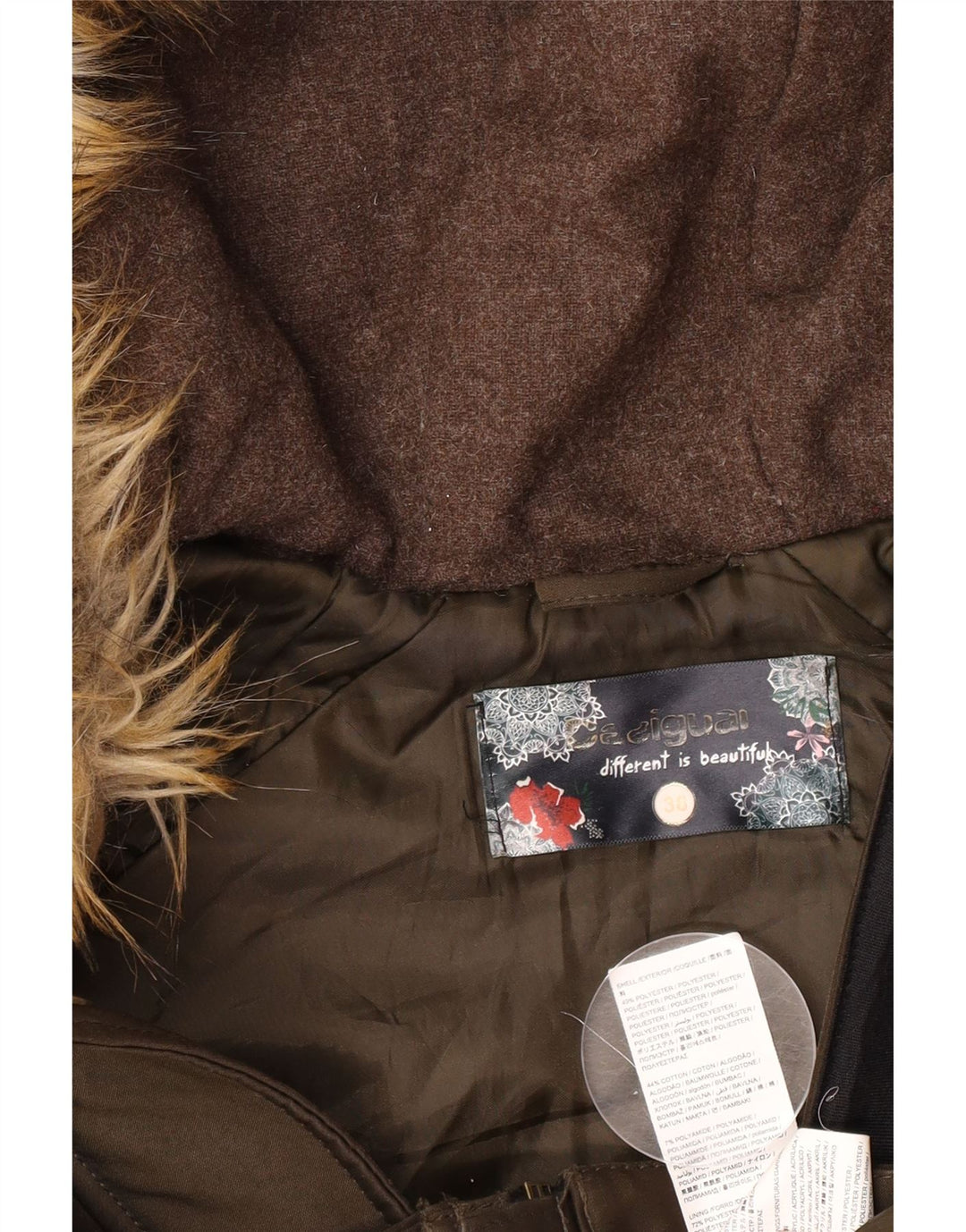 Jaqueta parka feminina com capuz gráfico Desigual EU 38 algodão cáqui médio