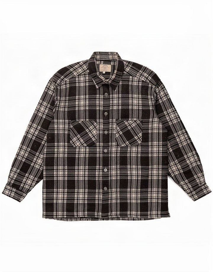 Camisa de flanela masculina vintage média poliéster xadrez preto