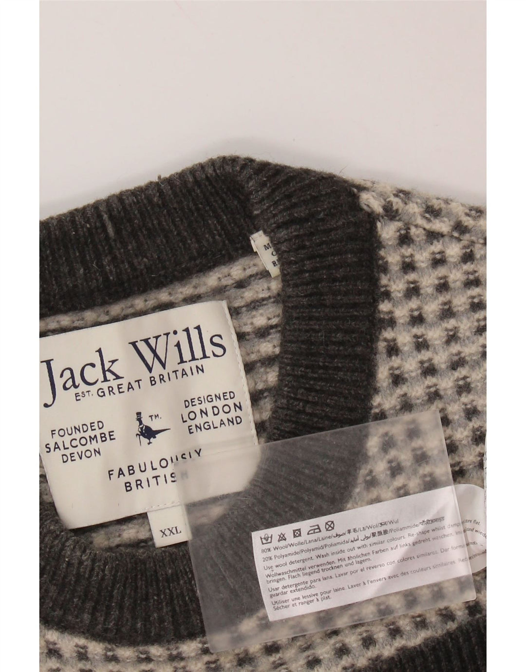 Suéter feminino JACK WILLS com gola redonda Reino Unido 20 2XL lã xadrez cinza