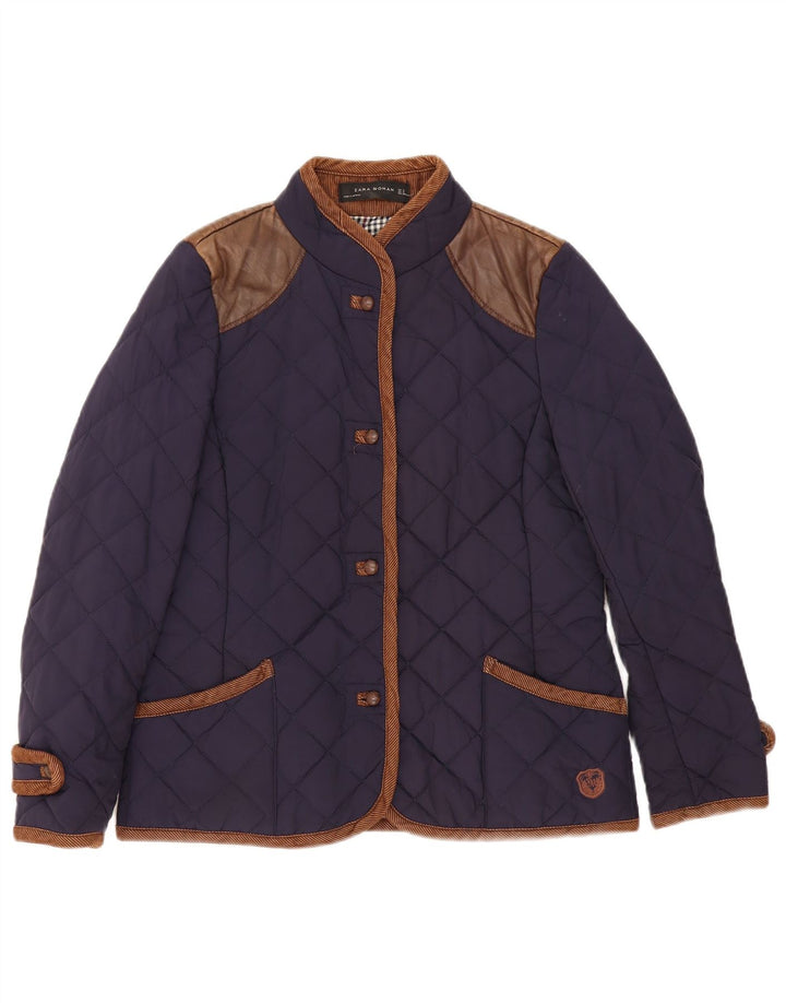 Jaqueta acolchoada feminina Zara Reino Unido 14 algodão colorblock azul marinho médio