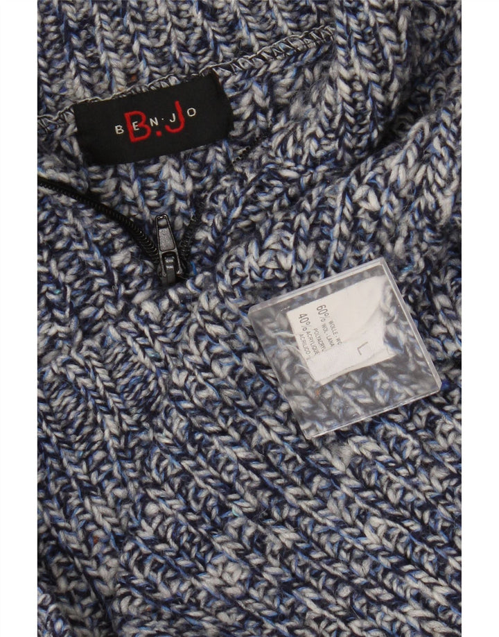 Suéter vintage masculino com zíper e gola alta de lã manchada azul grande