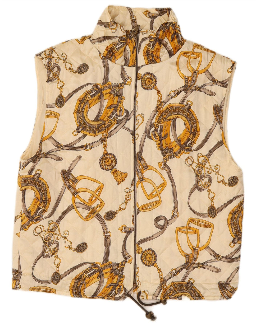 Colete acolchoado feminino VINTAGE com padrão abstrato Reino Unido 14 grande seda branca