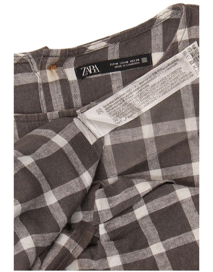 Blusa feminina Zara manga curta oversized Reino Unido 14 xadrez cinza médio