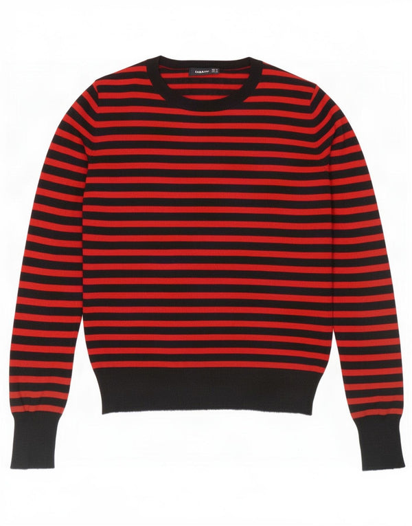 Suéter feminino Zara com gola redonda UK 12 Modal listrado vermelho médio
