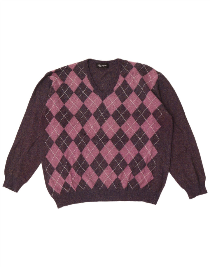 Il Granchio Suéter masculino com decote em V grande roxo Argyle/Diamante