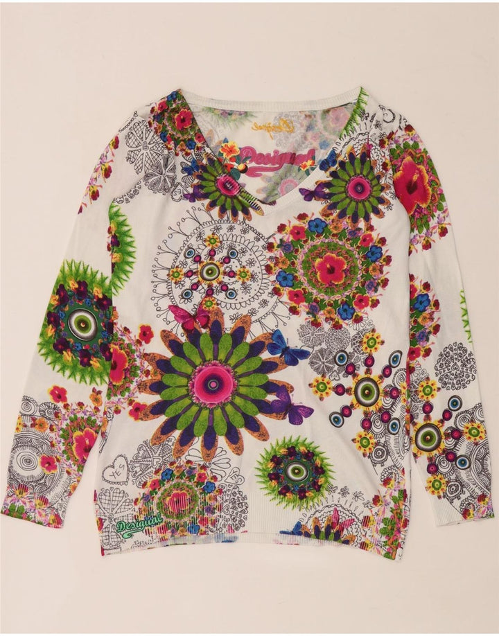 Suéter feminino Desigual com decote em V UK 14 médio multicolorido floral