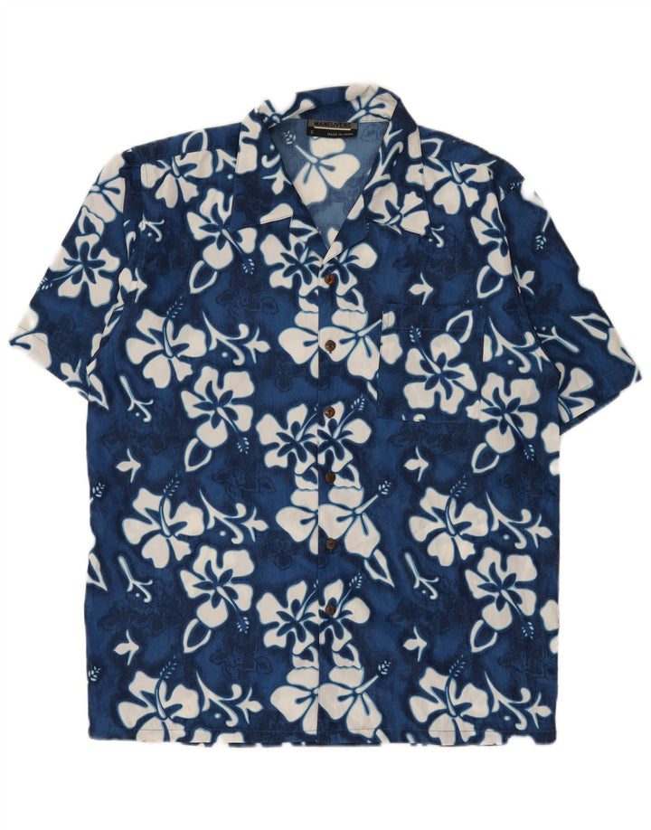Camisa masculina vintage de manga curta em poliéster floral azul pequeno