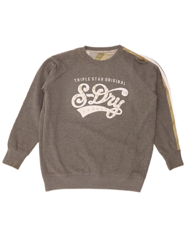 Superdry feminino gráfico oversized moletom jumper UK 6 XS cinza manchado