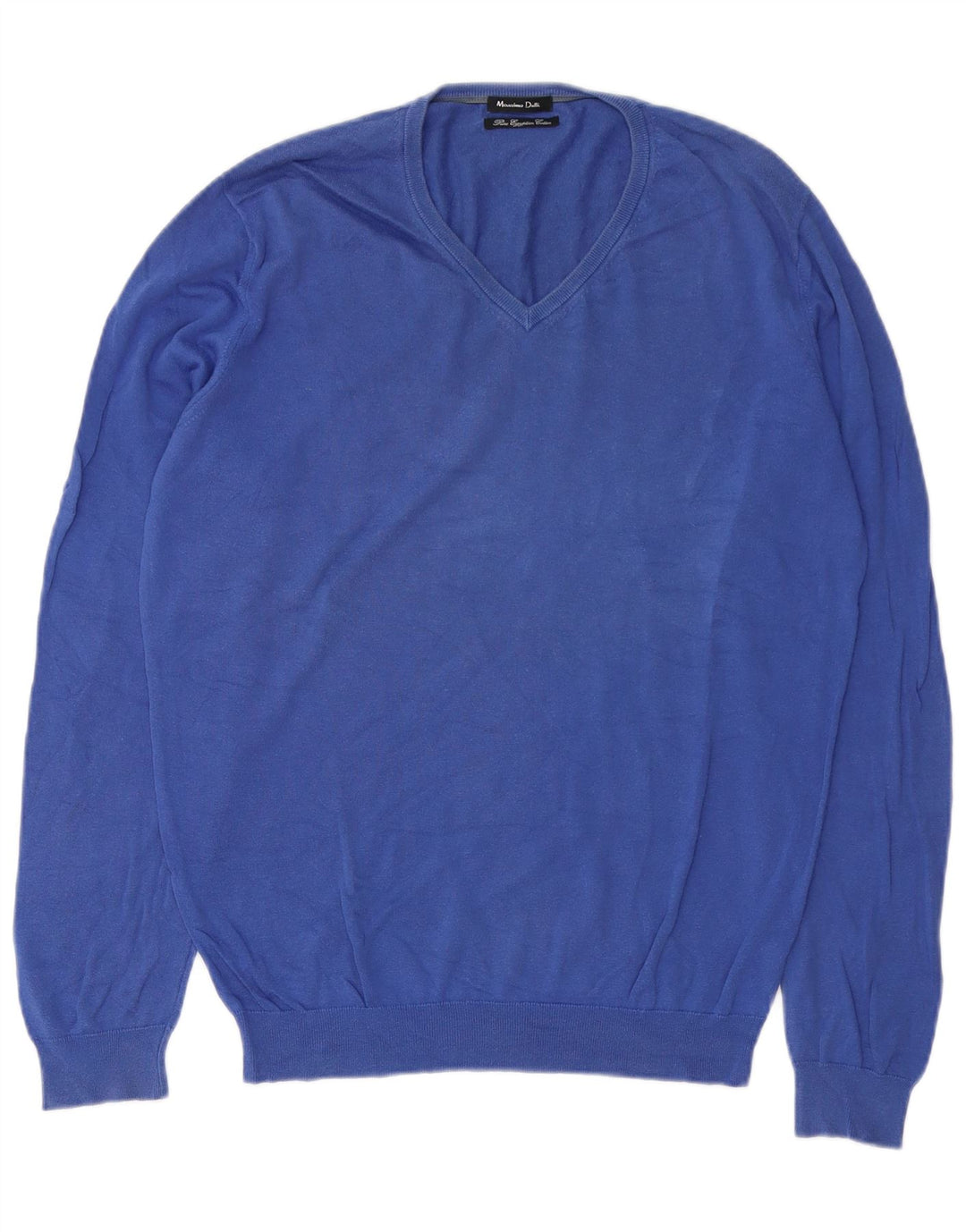 Suéter masculino Massimo Dutti com decote em V de algodão azul médio