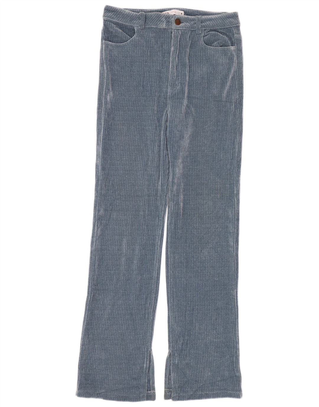 Calça feminina reta de veludo Zara EU 40 médio W30 L30 azul poliéster