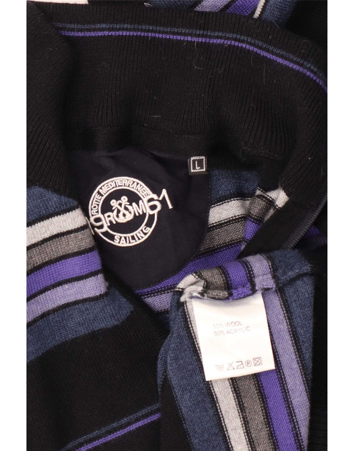 Suéter vintage masculino com zíper e gola alta de lã listrada preta grande