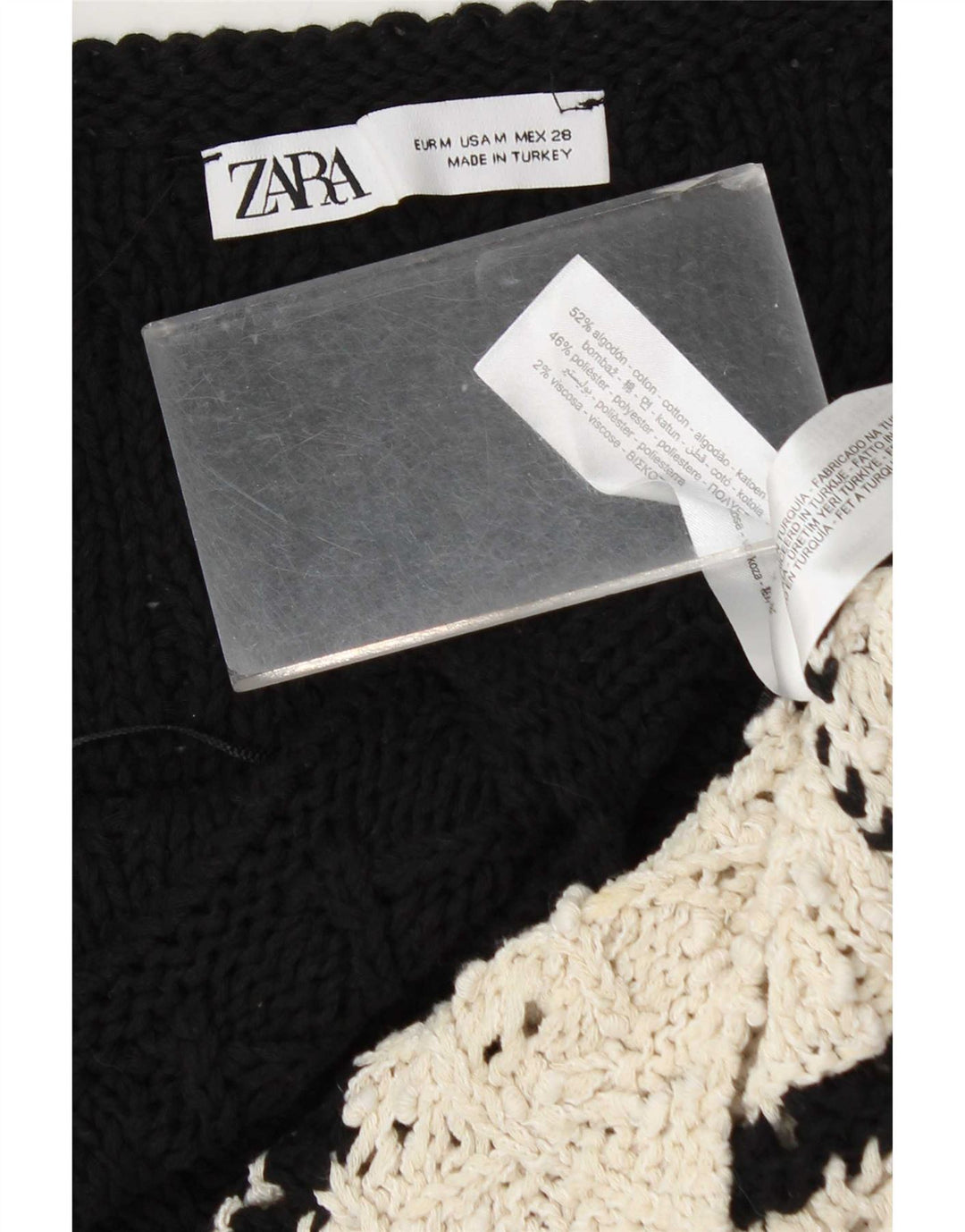 Top feminino de malha Zara UK 12 algodão colorblock preto médio