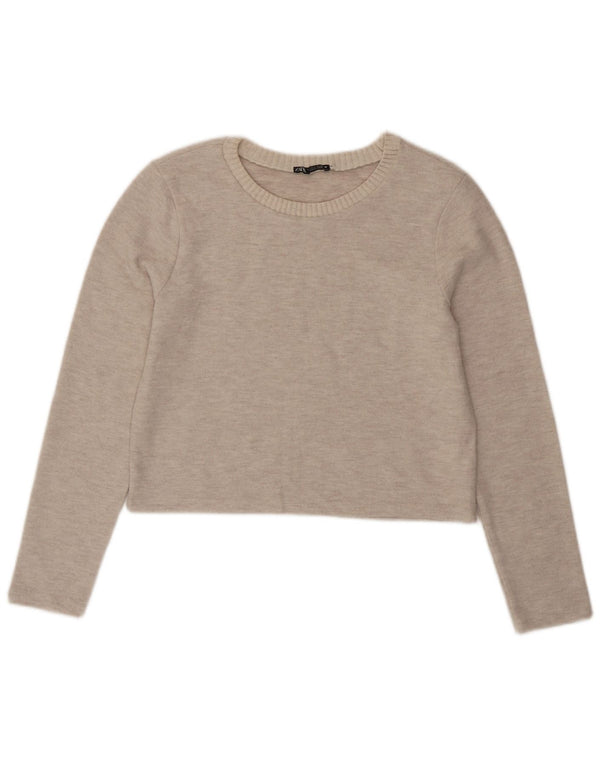 Suéter feminino Zara com gola canoa e decote em barco, Reino Unido 14, grande, bege, poliéster