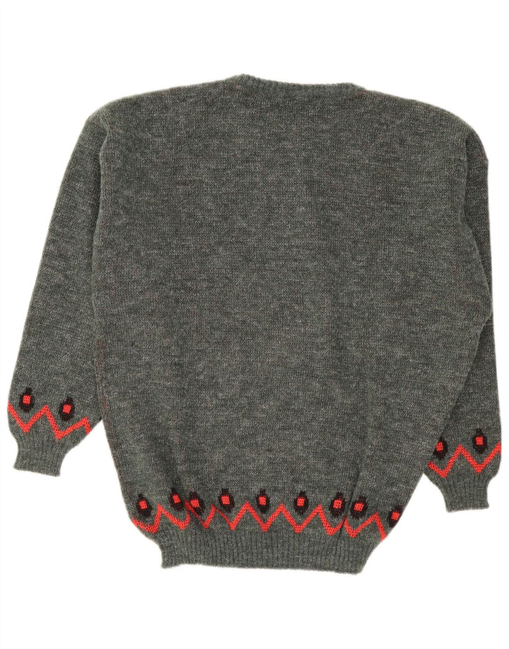 Suéter vintage masculino com gola redonda, grande poliacrílico geométrico cinza