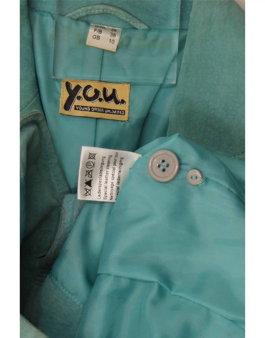 Jaqueta blazer feminina vintage de camurça com 2 botões Reino Unido 10 couro turquesa pequeno