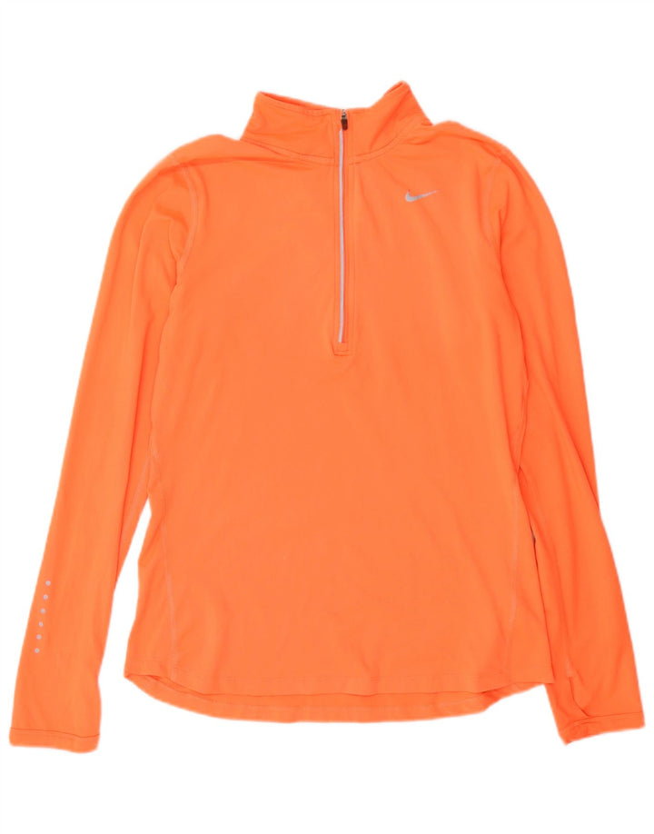 Nike Womens Dri Fit Zip Neck Top Manga Longa Reino Unido 10 Pequeno Laranja Poliéster