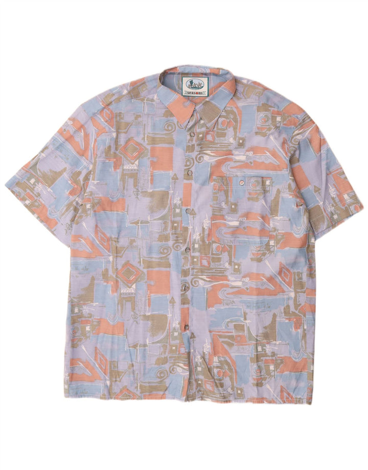 Camisa masculina vintage abstrata padrão manga curta azul grande