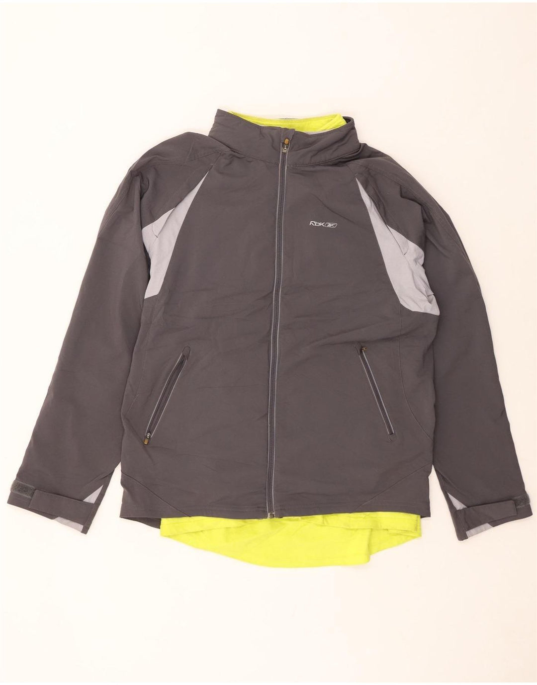Jaqueta corta-vento masculina REEBOK Reino Unido 40 grande poliéster colorblock cinza