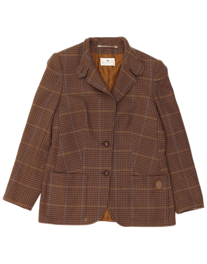 Jaqueta blazer feminina vintage com 2 botões Reino Unido 10 pequena lã xadrez marrom