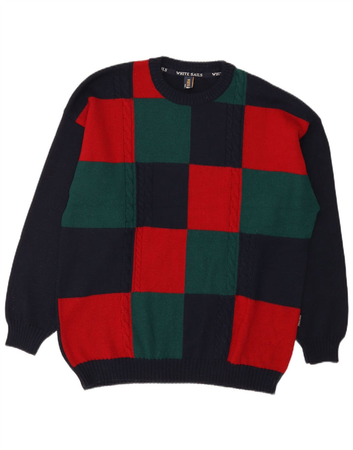 Suéter masculino branco Sails com gola redonda, grande lã colorblock azul marinho