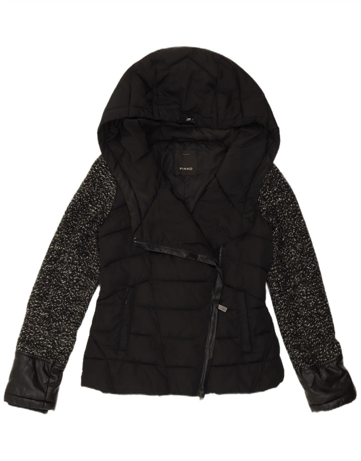 Jaqueta acolchoada com capuz feminina Pinko UK 10 poliéster preto pequeno