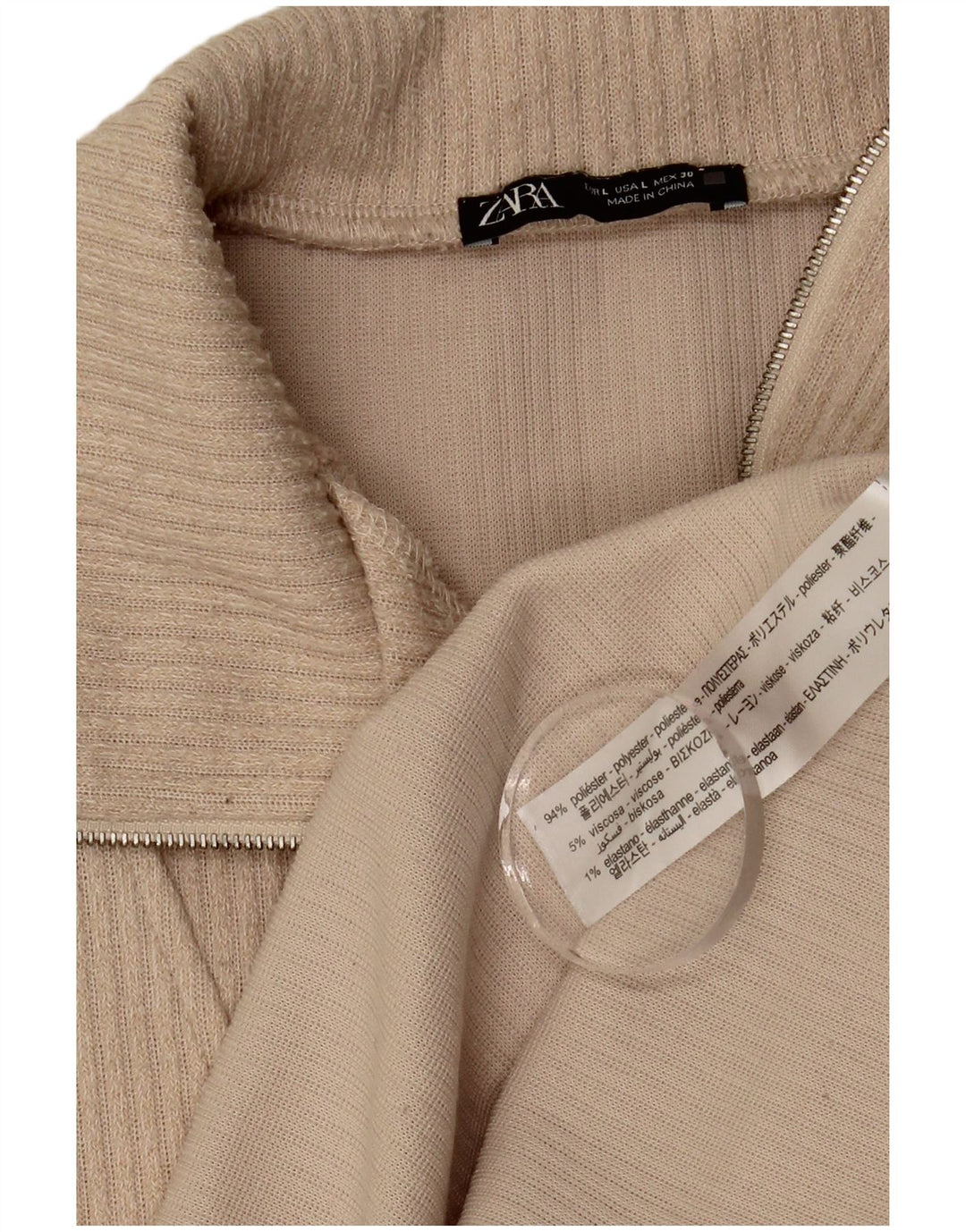 Zara Top feminino com zíper e manga comprida Reino Unido 16 grande poliéster bege